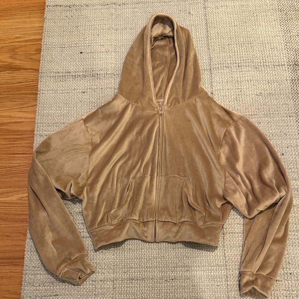 Velvet Zip-Up Hoodie - Tan